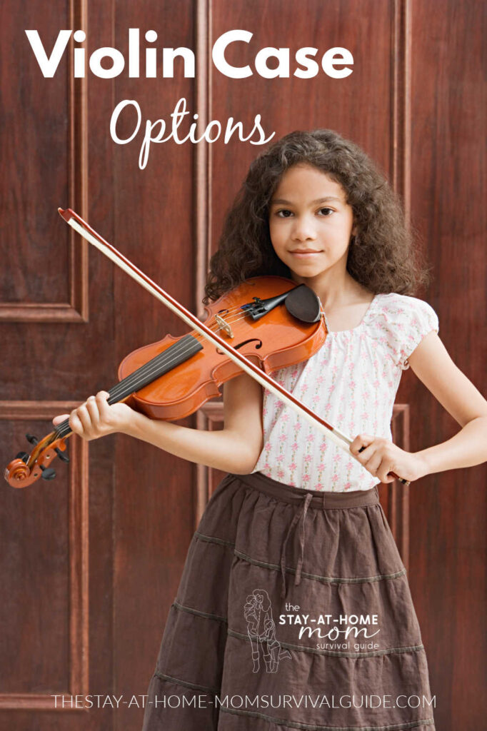 Girl in a dress holding a violin. Text reads violin case options.