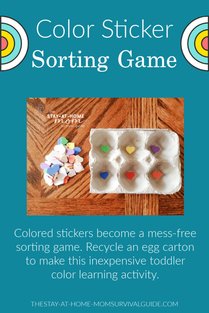 Egg carton sticker sorting game to learn colors. Text reads color sticker sorting game.