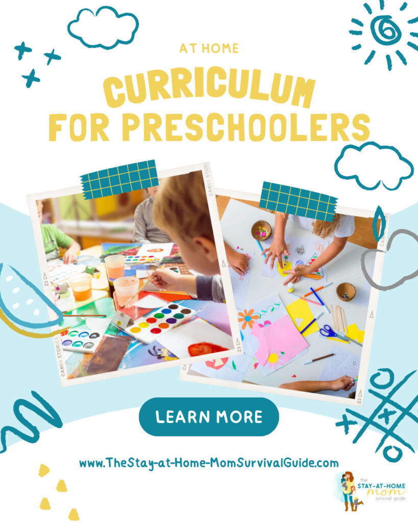 Snapshots of children creating art and learning. Text reads at home curriculum for preschoolers.