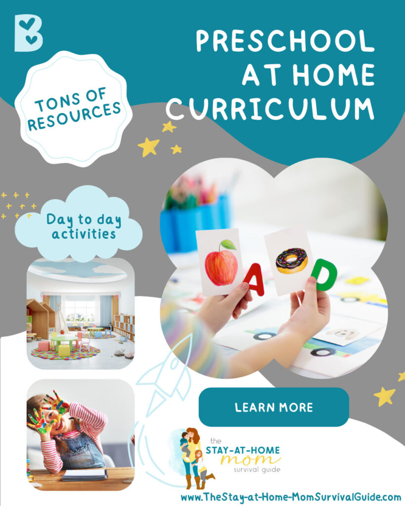 Snapshots of preschool kids learning. Text reads preschool at home curriculum.