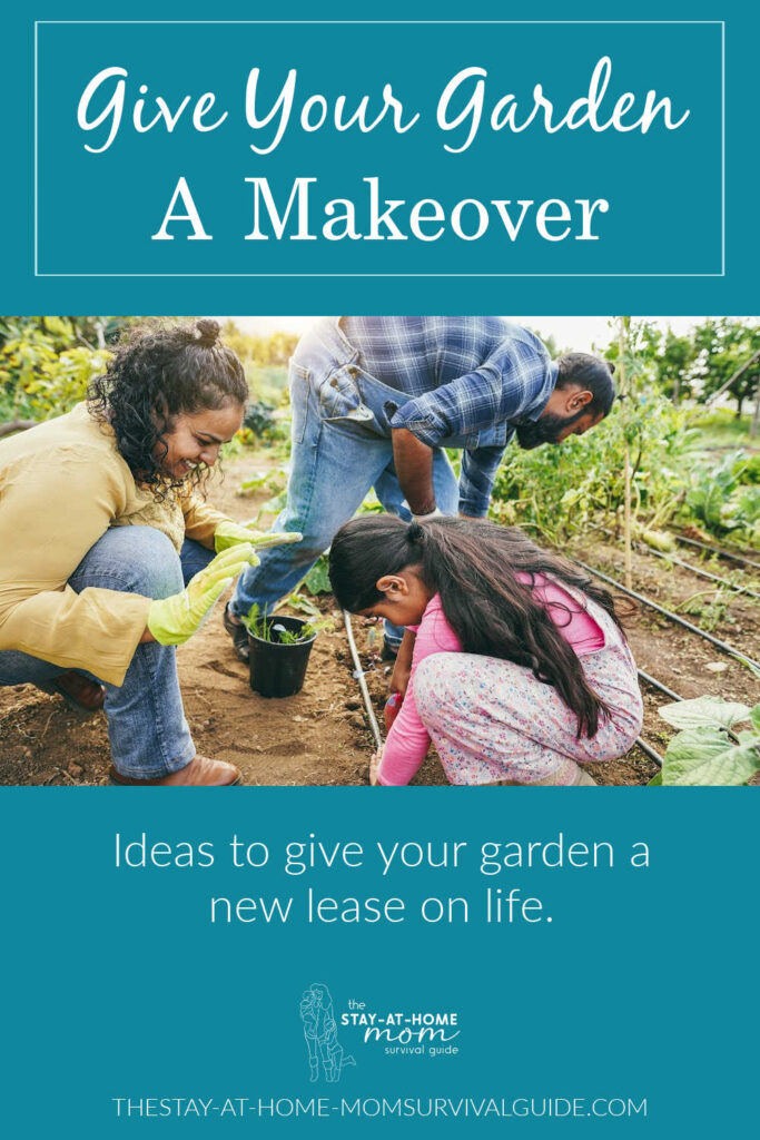 Mother, father and daughter working in a garden together. Text reads: give your garden a makeover. Ideas to give your garden a new lease on life.