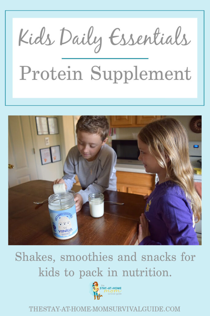 Kids making protein shakes with kids Daily Essentials protein supplement.