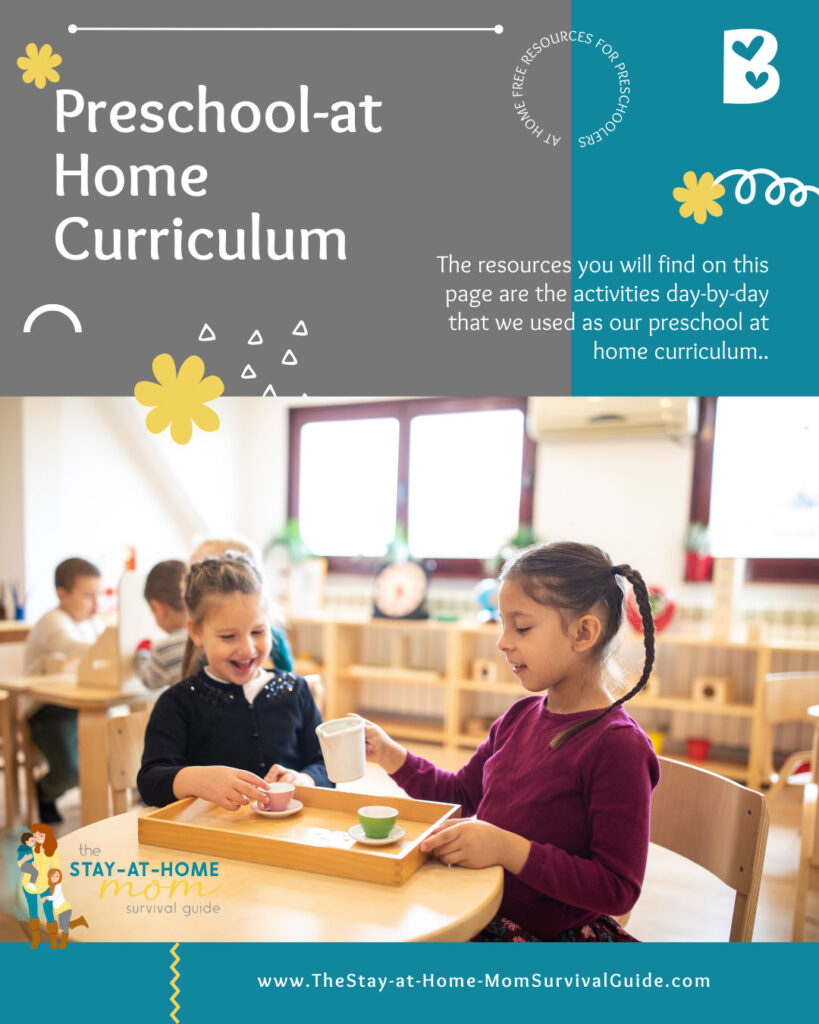 Children seated at a table in a preschool space. Text reads preschool at home curriculum.