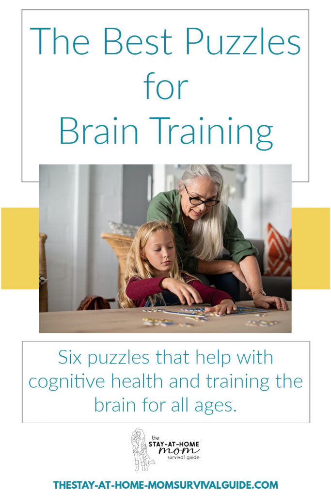Mom and daughter working on a puzzle at the coffee table. Text reads: The best puzzles for brain training six puzzles that support cognitive health for all ages.