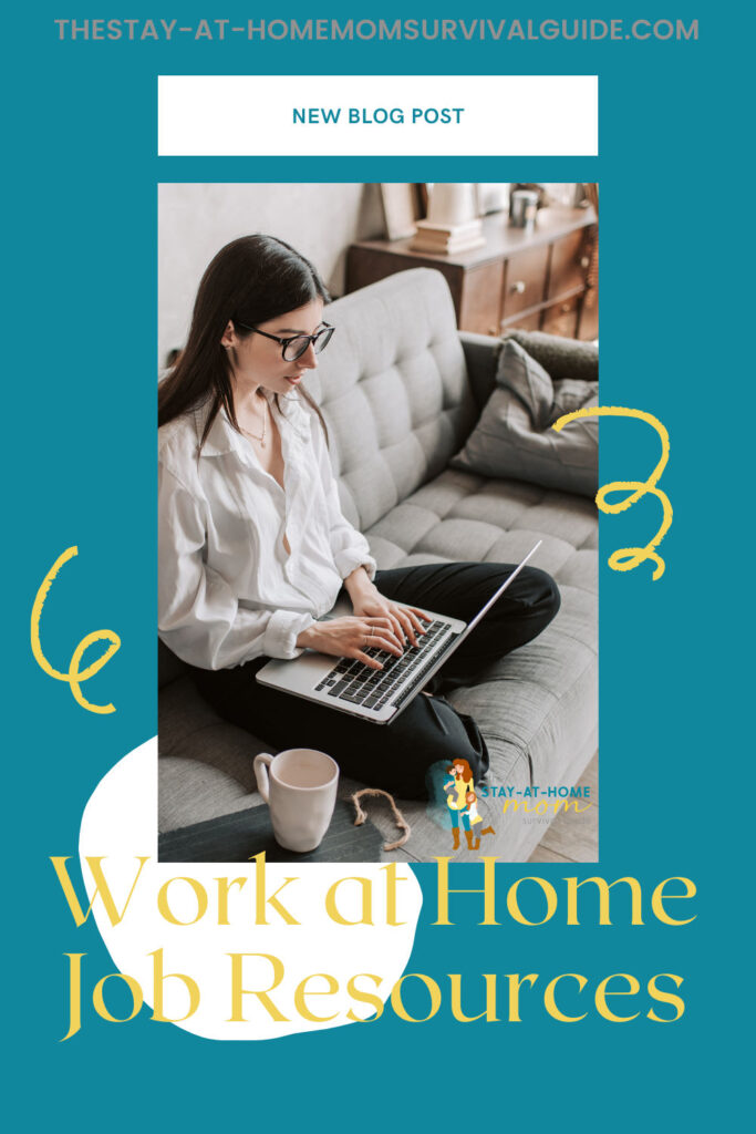 Woman working on a laptop seated on a grey couch with a cup of coffee to her right. Text reads work at home job resources.