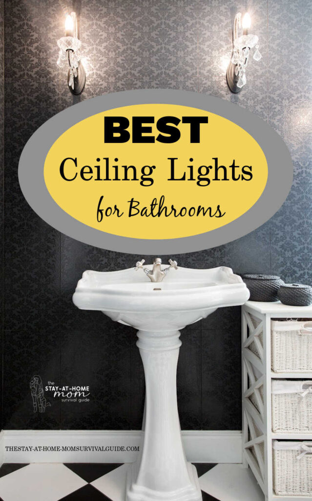 Pedestal sink in a glam bathroom with crystal-adorned sconces on the wall. Text reads best ceiling lights for bathrooms.