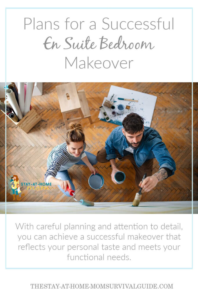 Man and woman working together to paint a wall. Paint cans and step ladder shown behind them on an old wood floor. Text reads plans for a successful en suite bedroom makeover.