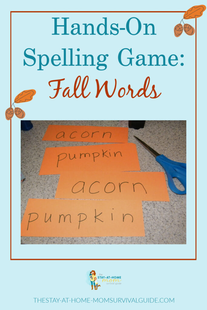 Fall words shown in a Fall words DIY hands-on spelling game. 
