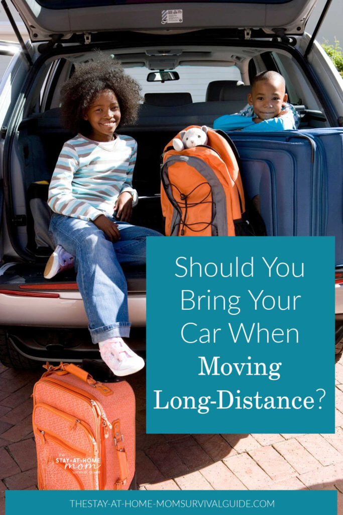 Kids with suitcases sitting in the trunk of a minivan. Text reads should you bring your car when moving long-distance?