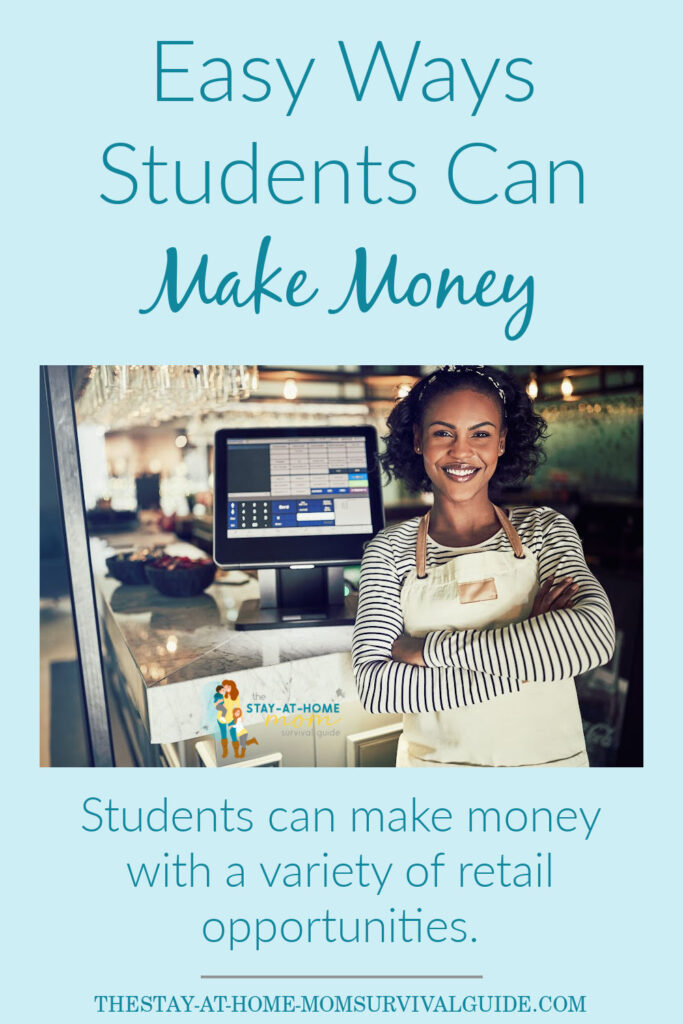 College student standing in front of a computer screen in a checkout lane. Text reads easy ways students can make money.
