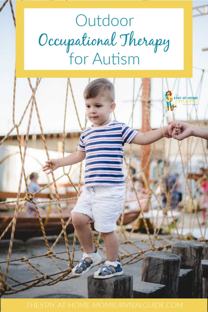 Child walking on an obstacle course at a playground while holding the hand of an adult. Text reads outdoor occupational therapy for autism.