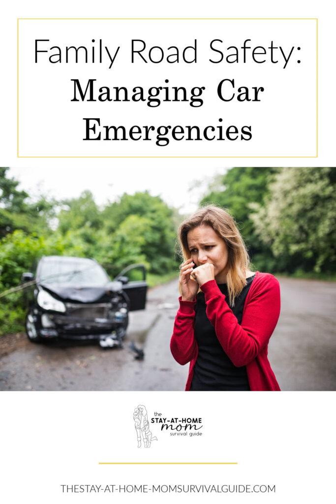 Woman with worried look on her face, talking on her phone with a vehicle in the background that has been involved in a car crash. Text reads family road safety: managing car emergencies.