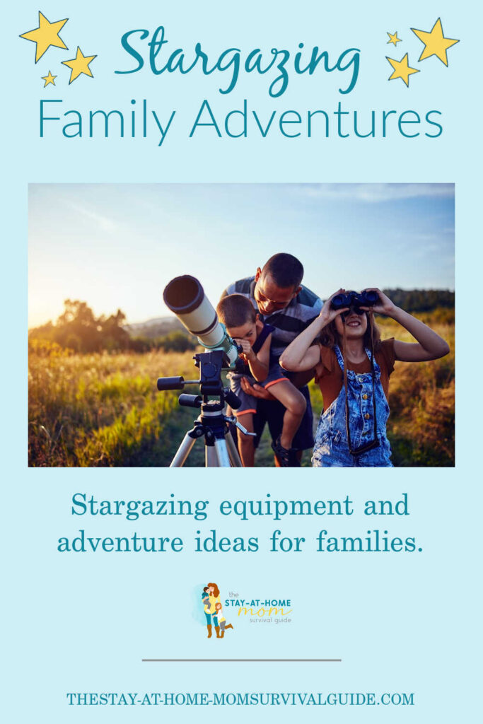 Dad and two kids looking up at the evening sky using a telescope and binoculars. Text reads stargazing family adventures.