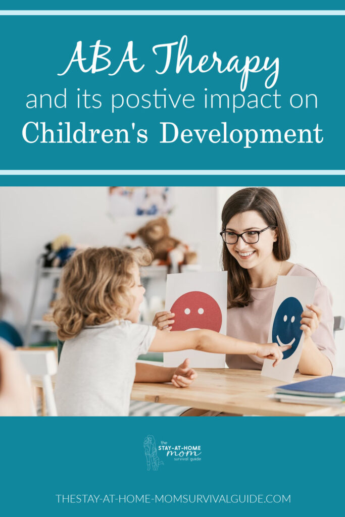 Therapist working with a preschooler at a table. Text reads ABA therapy and its positive impact on children's development.