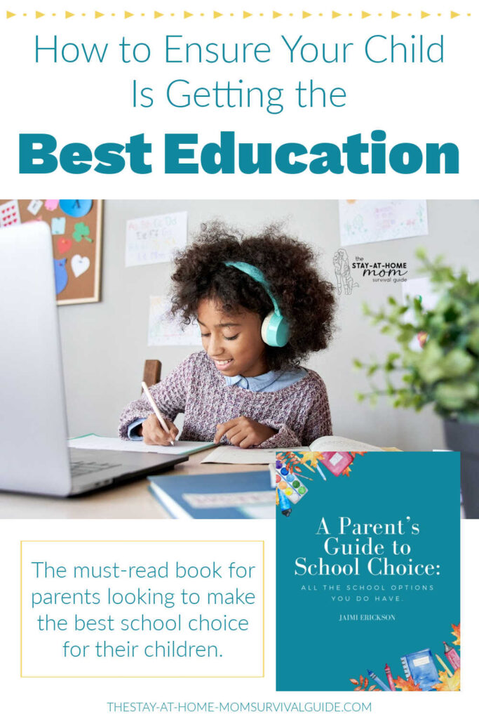 Girl wearing noise cancelling headphones working on school work with a laptop on the table. An overlay of the book A Parent's Guide to School Choice: All the school options you do have is also included. Text reads how to ensure your child is getting the best education.