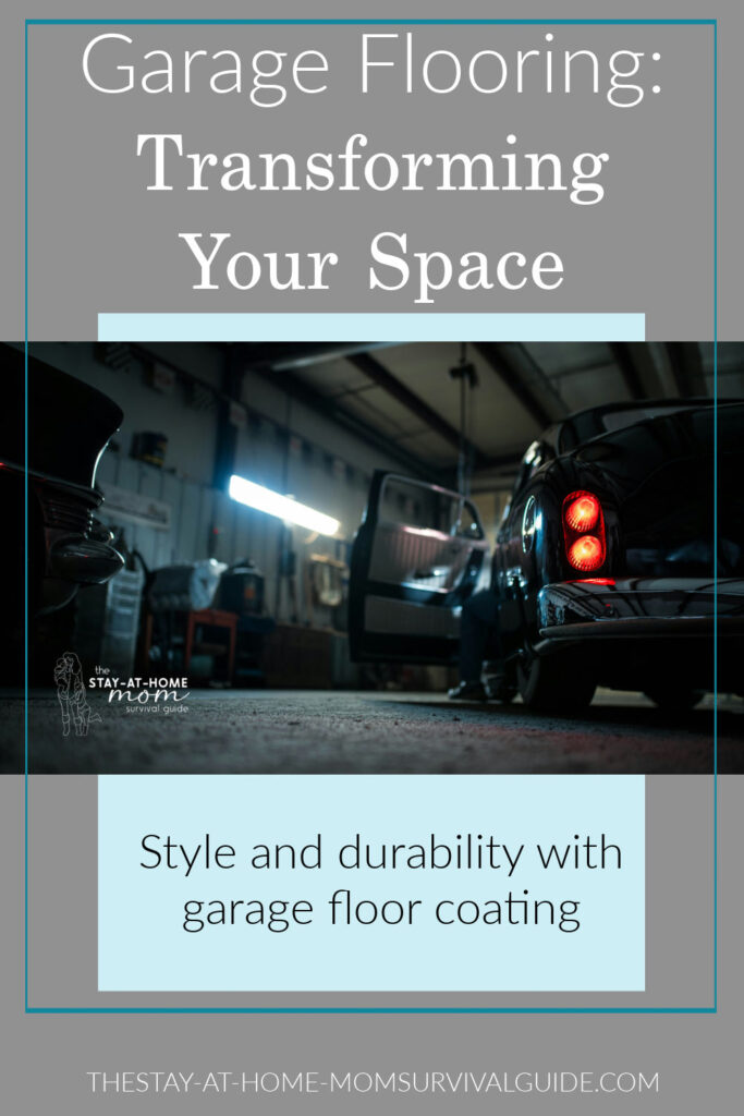 Car parked in a dark garage with its door open and lights on. Text reads garage flooring: transforming your space.