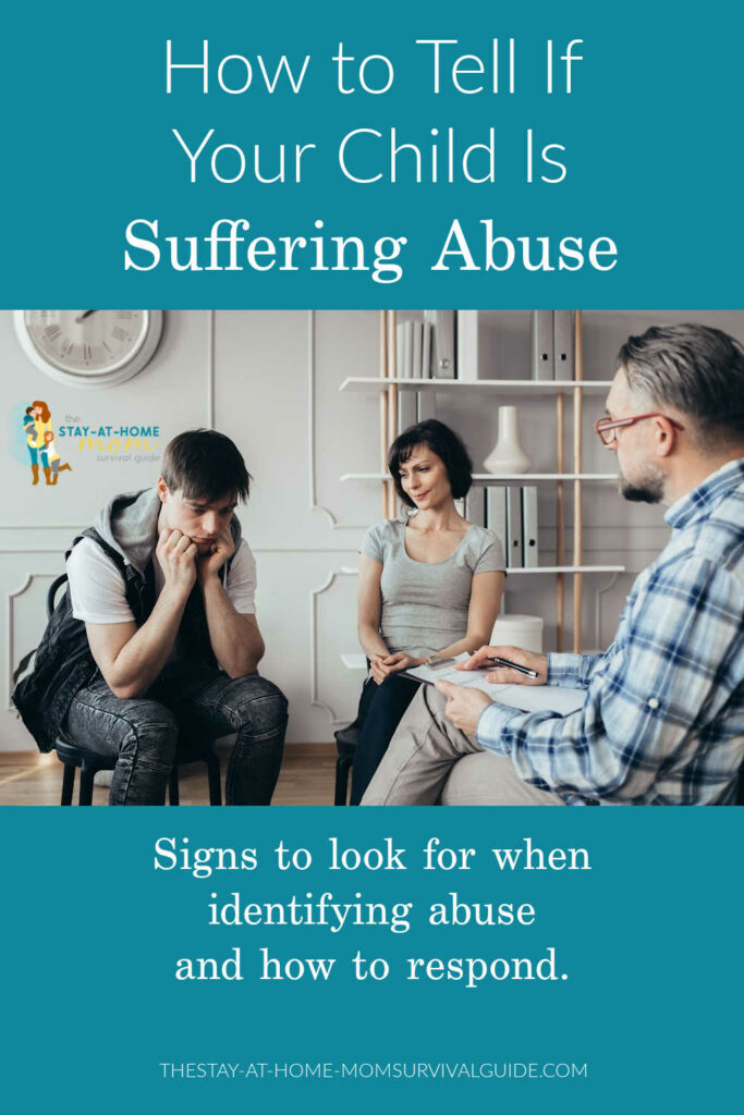 Child slumped over looking upset. Two parents sitting with him. Text reads how to tell if your child is suffering abuse.