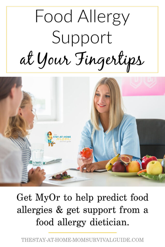 Dietician seated with a mother and her daughter discussing food choices. Text reads food allergy support at your fingertips. Get MyOr to help predict food allergies and get support from a food allergy dietician in your area.