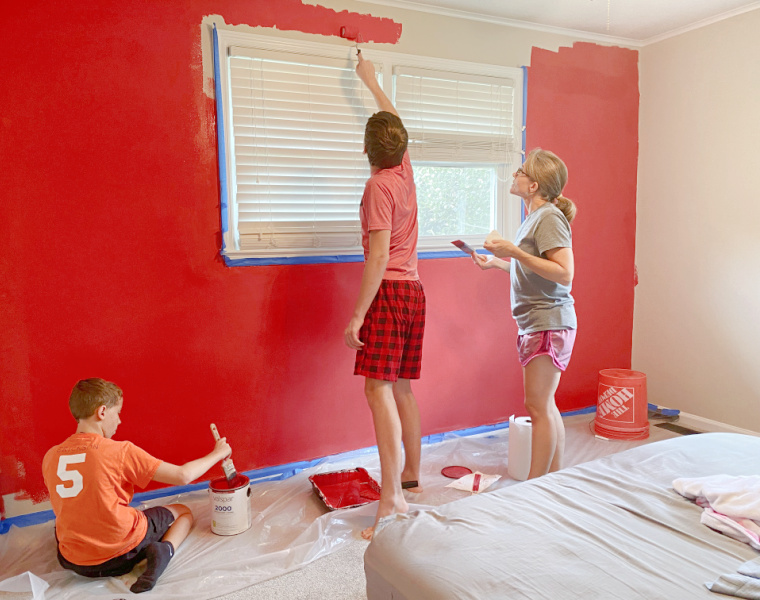 Painting a wall red. Teen bedroom makeover and Origin Hybrid Pro mattress review.