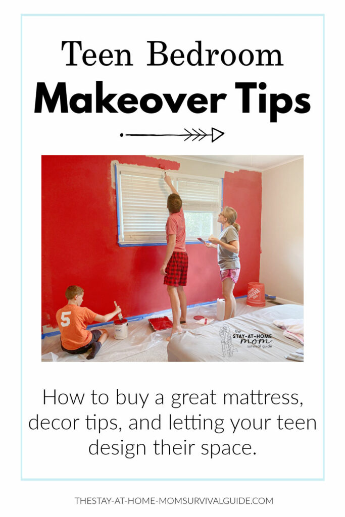 Mom and sons painting a wall in a teen bedroom. Text reads teen bedroom makeover tips. Origin Hybrid Pro Mattress review.
