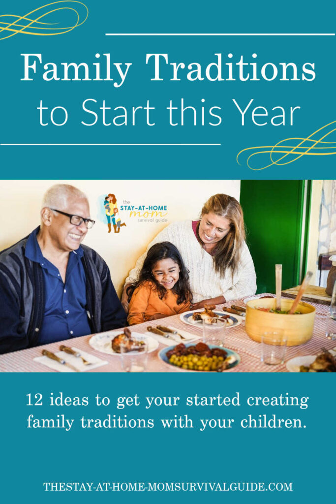 Two older adults seated with a young girl in between them seated together at a table. Text reads family traditions to start this year.