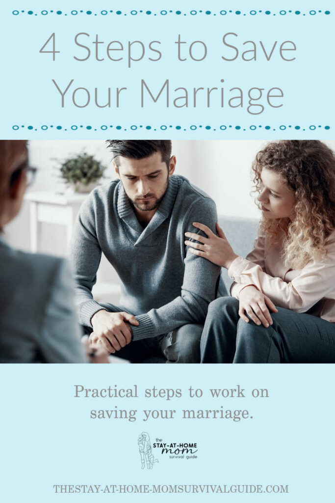 Husband and wife sitting with a counselor looking concerned. Text reads 4 steps to save your marriage practical steps to work on savings your marriage.