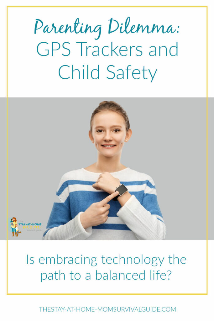 Teen girls pointing at her smart watch. Text reads parenting dilemma: GPS trackers and child safety. Is embracing technology the path to a balanced life?