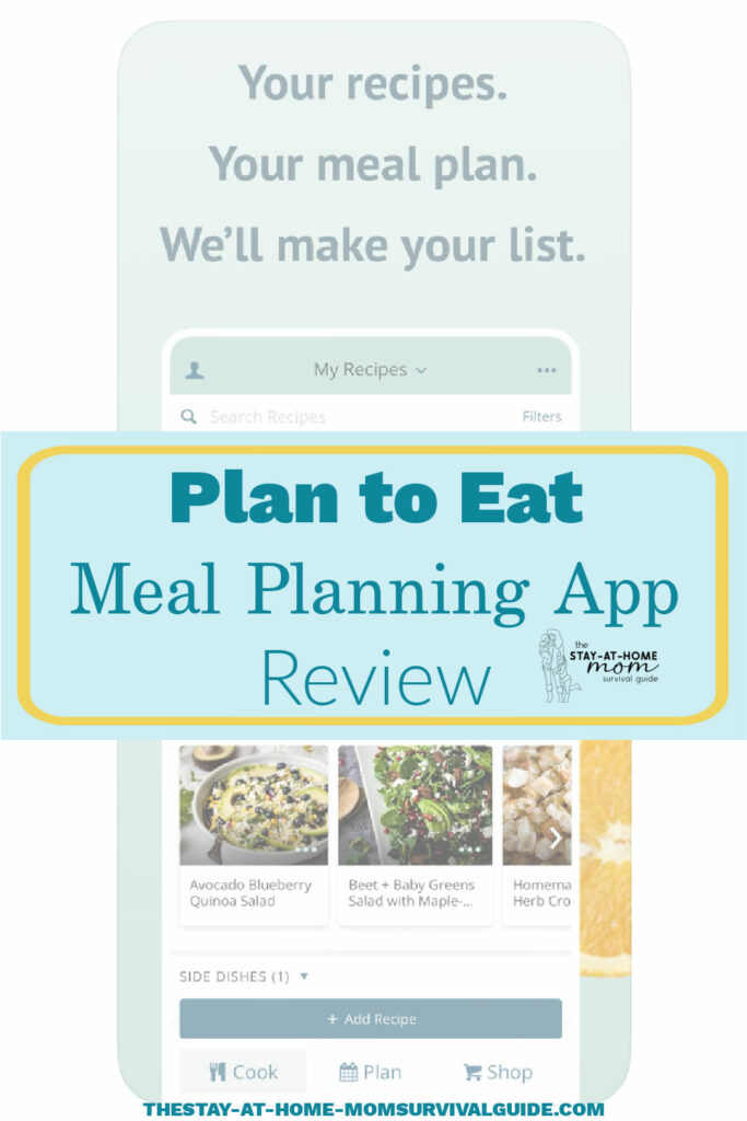 Plan to Eat homescreen shown faded in the background. Text reads Plan to Eat meal planning app review.