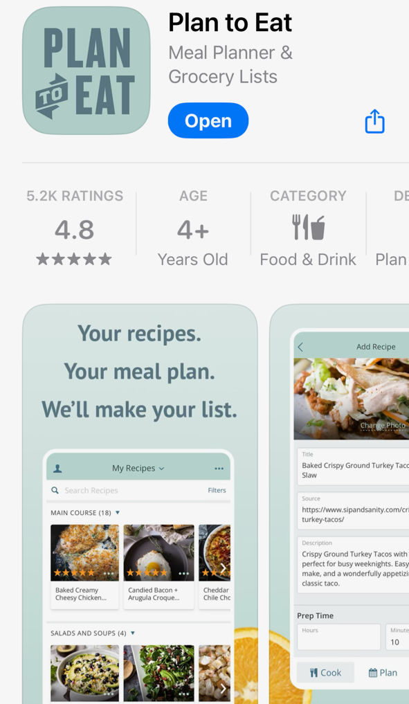 Plan to Eat app download screen in the app store.