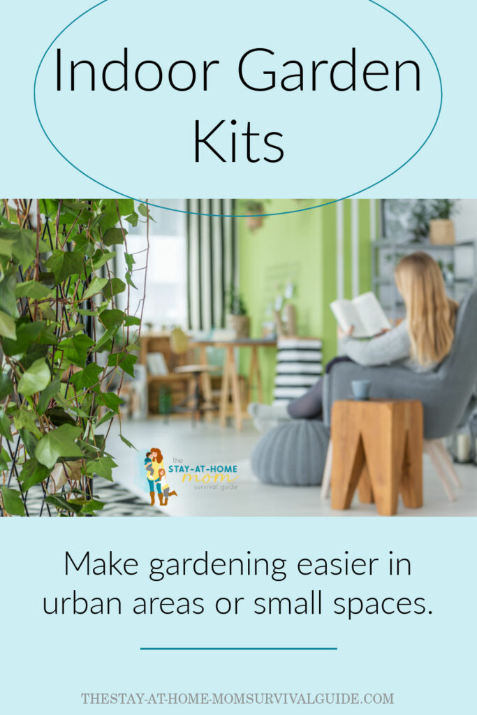 Woman blurred in the background reading a book seated on a couch. Foreground shows growing vines of an indoor garden kit. Text reads indoor garden kits.