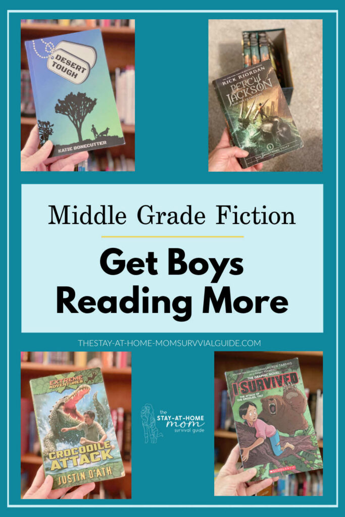 Images of the top picks for middle grade fiction for boys to get boys reading more.