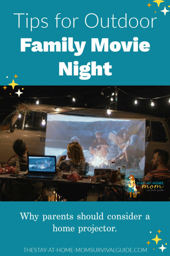 Family watching a movie outdoors. Text reads tips for outdoor family movie night.