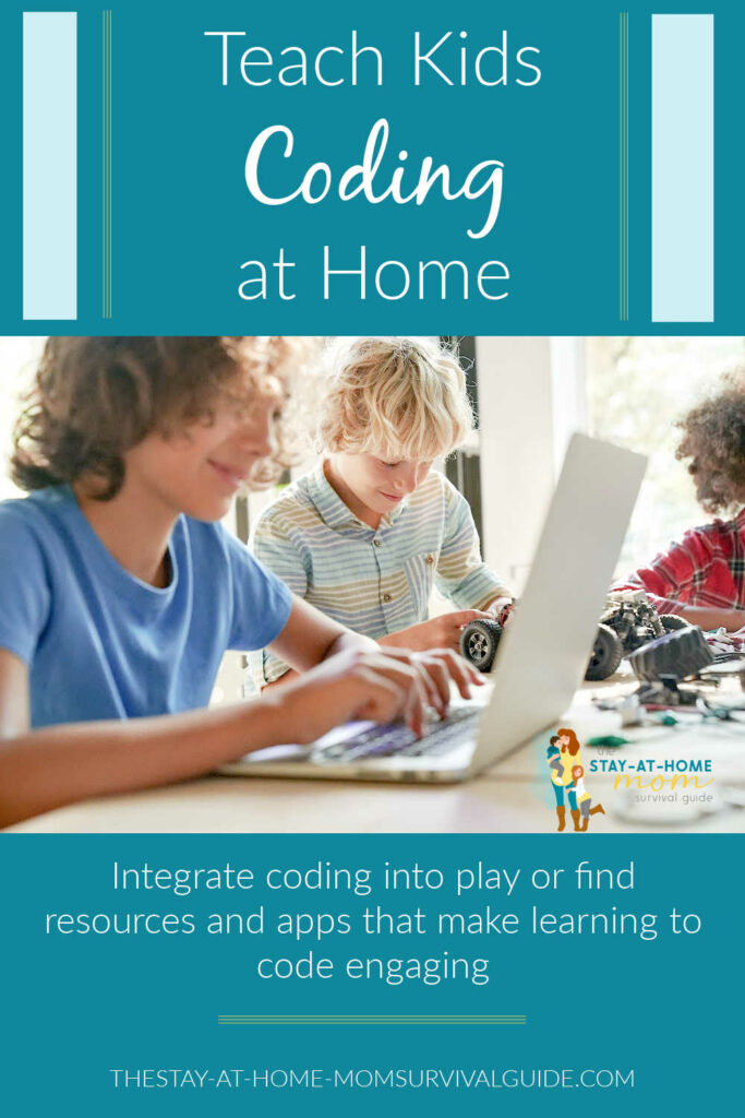 Boy working on a laptop. Text reads teach kids coding at home.