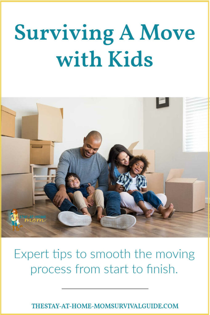 Mom dad and kids seated on the floor with boxes all around. Text reads surviving a move with kids.