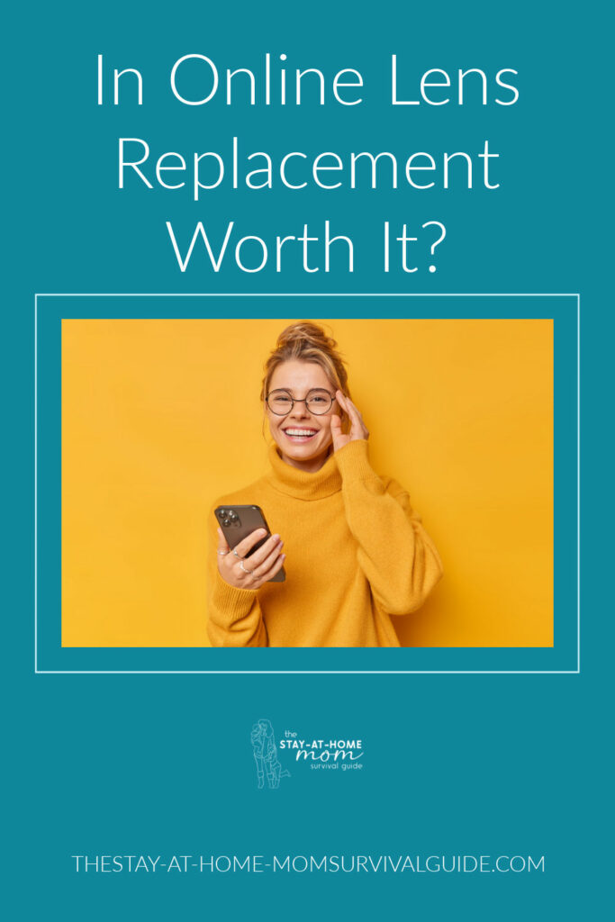 Woman wearing glasses with her phone in her hand. Text reads is online lens replacement worth it?