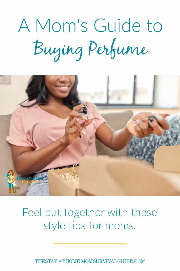 Woman spraying perfume on her wrist while smiling. Text reads a mom's guide to buying alluring perfume.