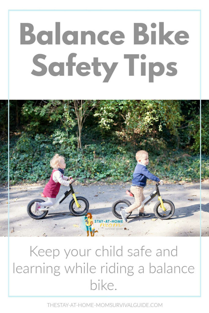 Two toddlers riding balance bikes on a paved trail outdoors. Text reads balance bike safety tips.