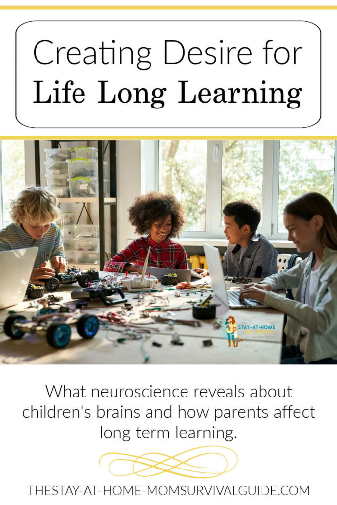 Children seated around a table working on a STEM project. Text reads creating desire for life long learning.
