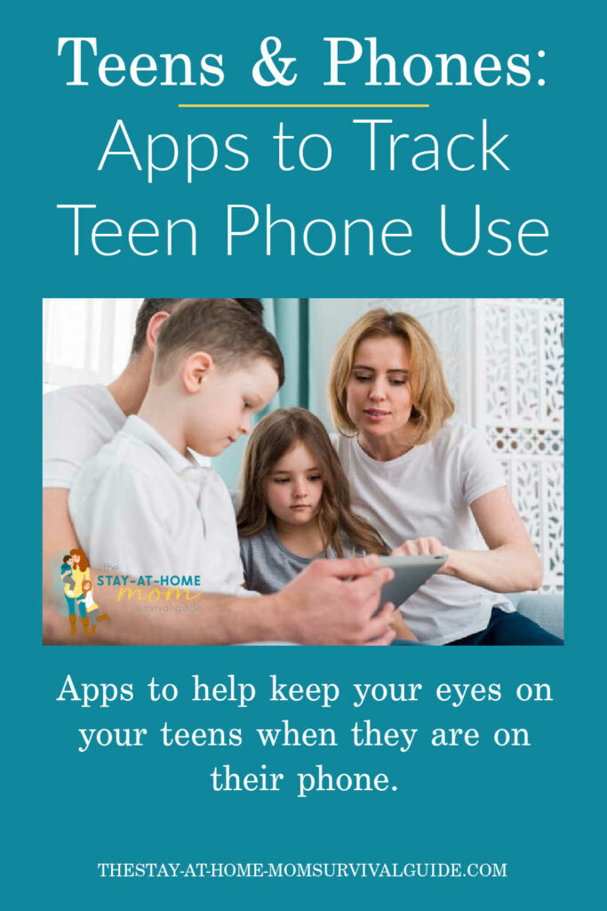 Mom and dad sitting with two children talking to them about a phone. Text reads teens and phones apps to track teen phone use.