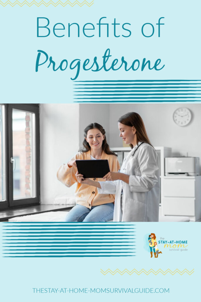 Woman seated on an exam table looking at test results with her doctor. Text reads benefits of progesterone.