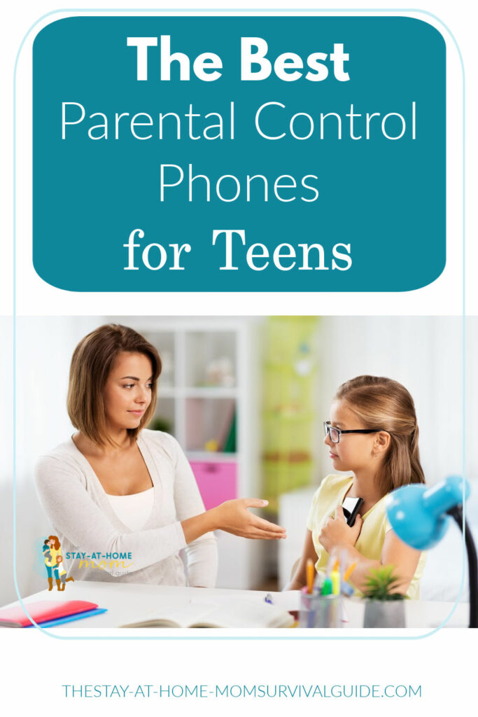 Mother gesturing for her daughter to hand over her phone. Text reads the best parental control phones for teens.