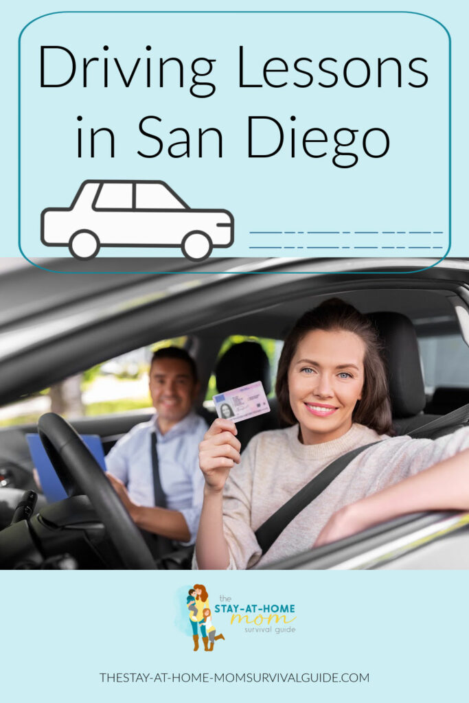 Woman with drivers license with a driving instructor in her car. Text reads driving lessons in San Diego.