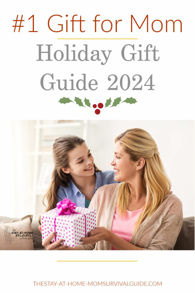 Daughter giving mother a wrapped gift. Text reads: The #1 gift for mom in the holiday gift guide for 2024.