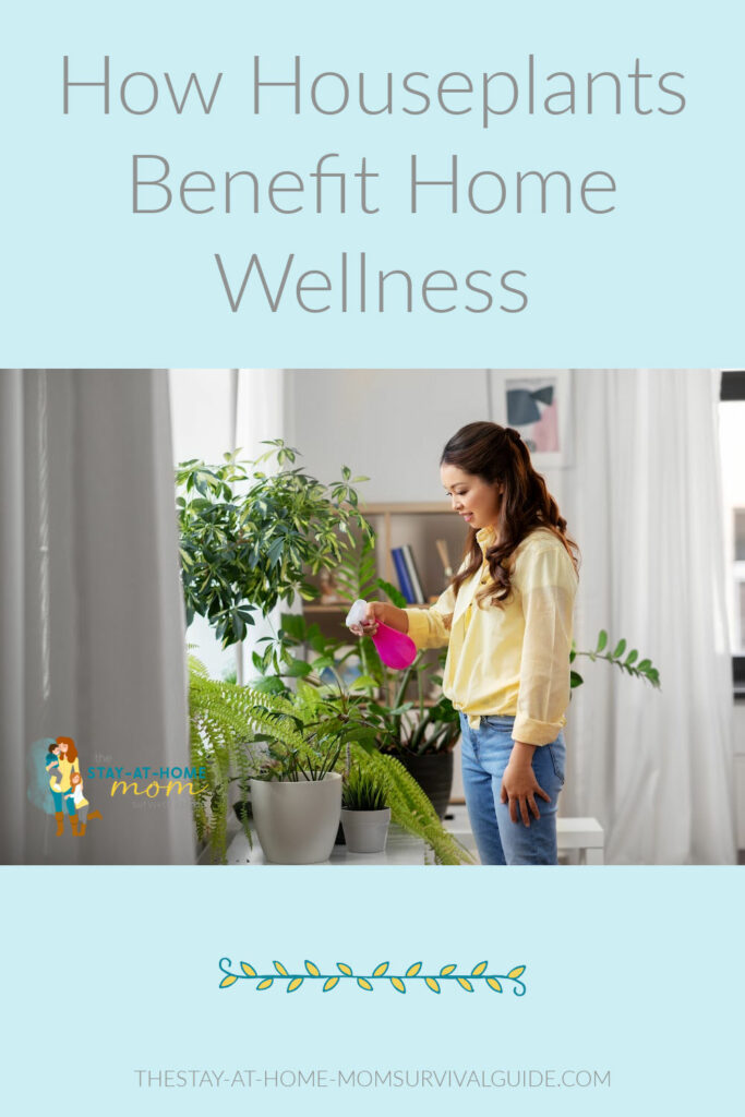 Woman watering houseplants. Text reads how houseplants benefit home wellness.