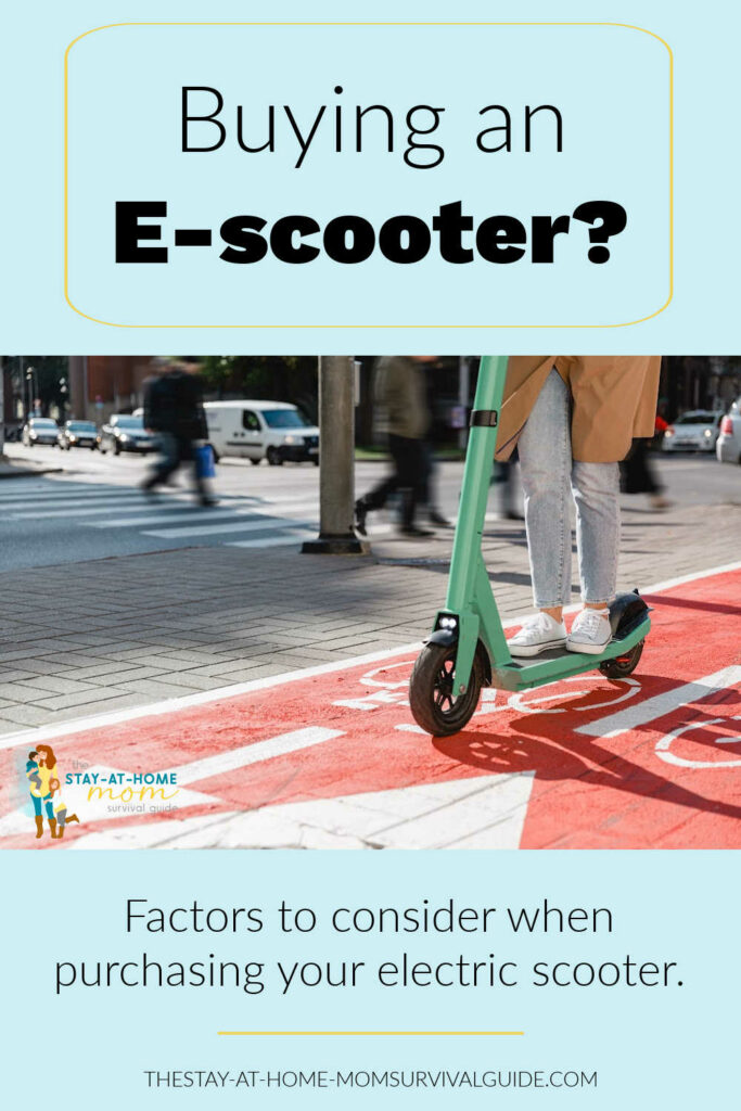 Woman riding on an electric scooter across a crosswalk. Text reads buying an e-scooter? Factors to consider when purchasing your electric scooter.