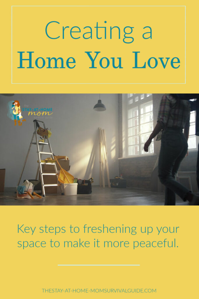 Woman walking towards renovation gear and tools in the corner of a room./ Text reads creating a home you love.