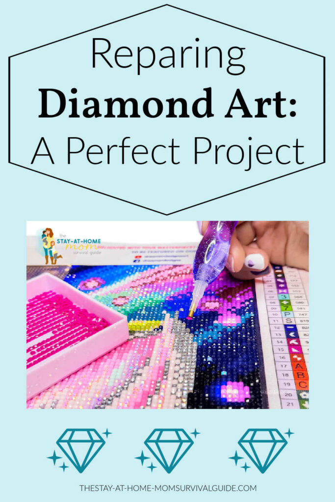 Close up of diamond art text reads repairing diamond art a perfect project.