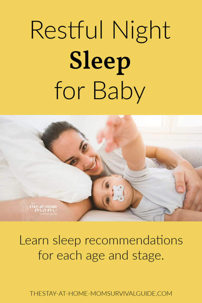 Mom and baby cuddling in bed. Text reads restful night sleep for baby.