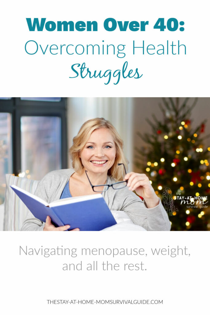 Woman seated on couch, smiling, with a lighted tree behind her. Text reads women over 40: overcoming health struggles.