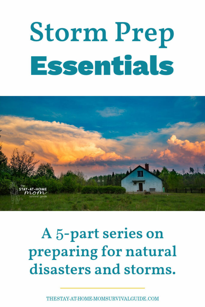 House with clouds looming in the background. Text reads storm prep essentials: A series on preparing for natural disasters and storms.